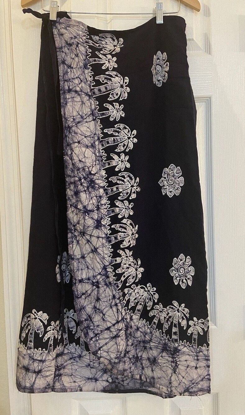 Advance Apparels Maxi Wrap Skirt Cover Up Navy Blue Batik One Size Boho Resort - Picture 2 of 6